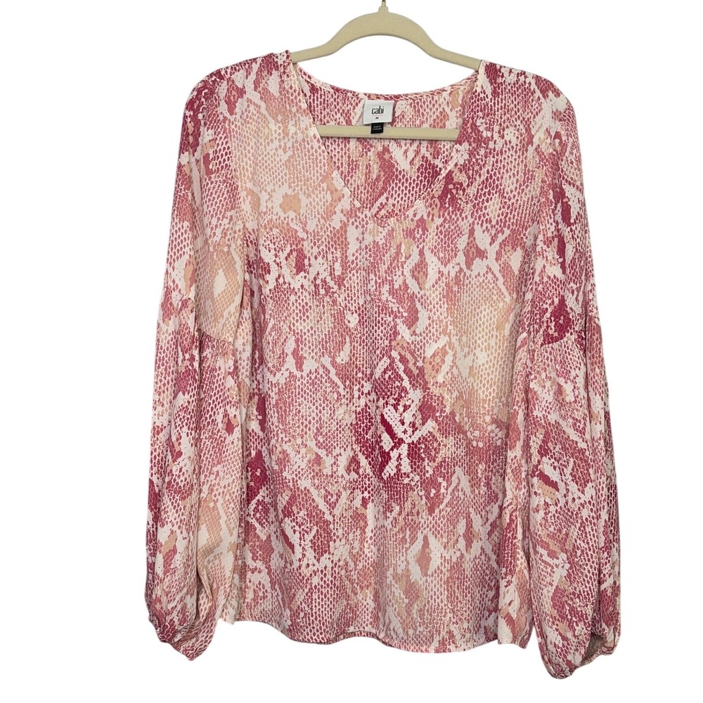 Cabi 5708 Pink Snakeskin V-Neck Balloon Sleeve Blouse Womens Medium
